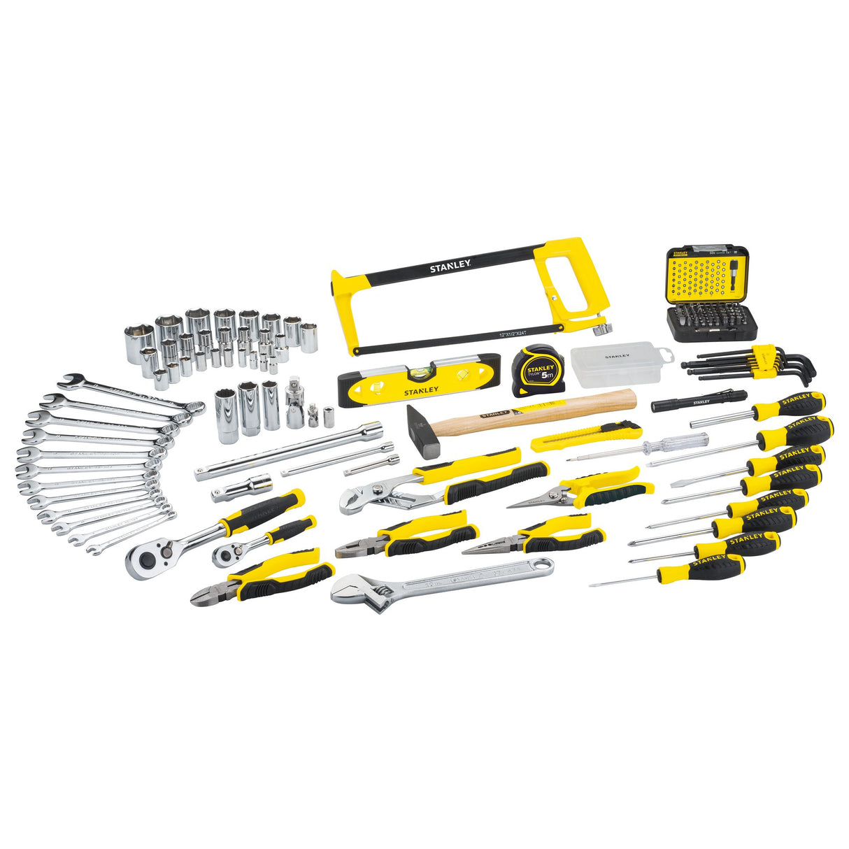 Coffret à outils Stanley, assortiment complet d’outillage à main, couleur jaune et noir.
