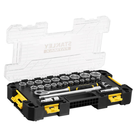 Coffret à douilles Stanley, outillage main, couleur noir et jaune.