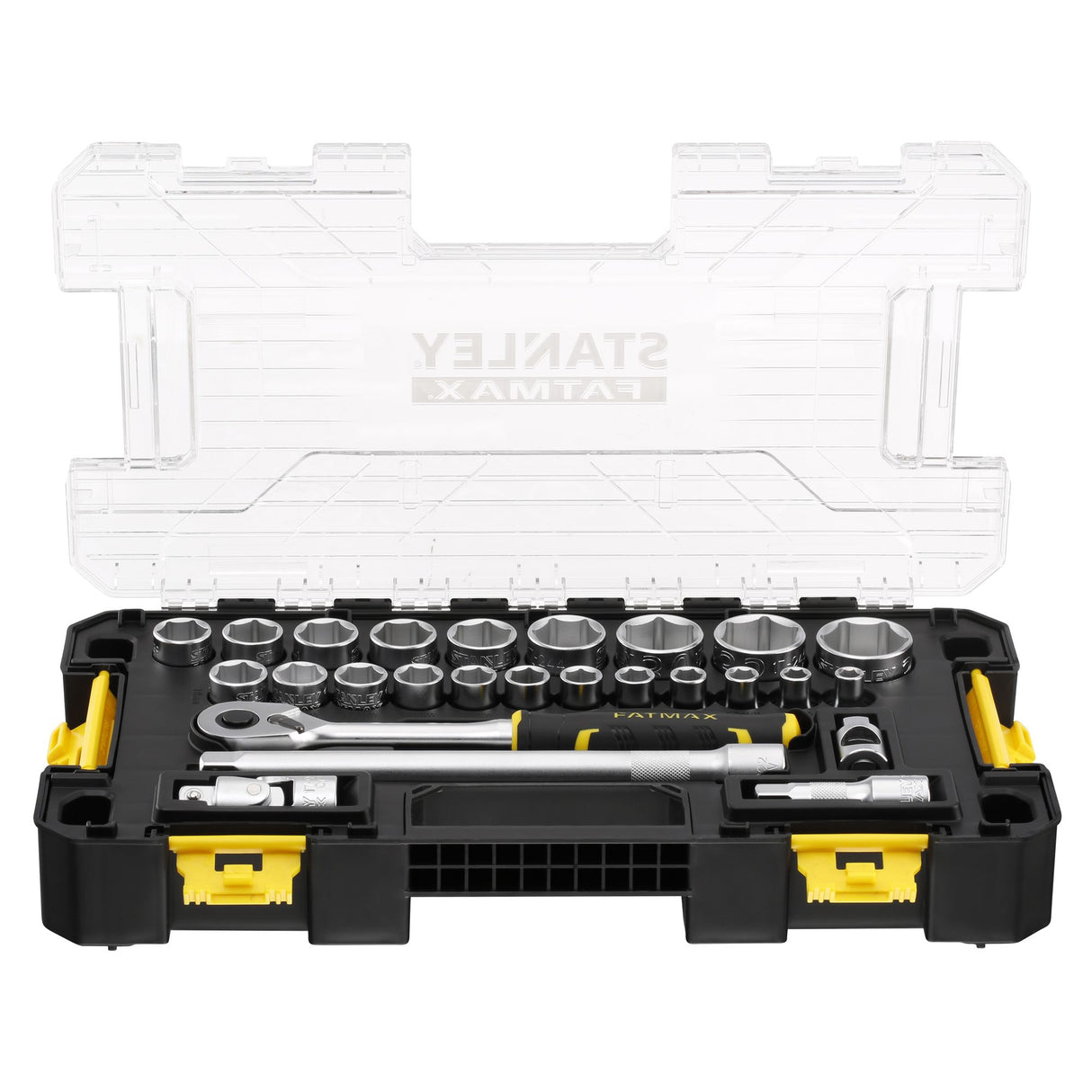 Coffret à douilles Stanley Fatmax, outillage main, couleur noir et jaune.