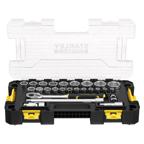 Coffret à douilles Stanley Fatmax, outillage main, couleur noir et jaune.