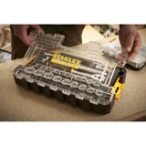 Boîte à outils Stanley Fatmax noire et transparente, type organiser, avec couvercle ouvert.
