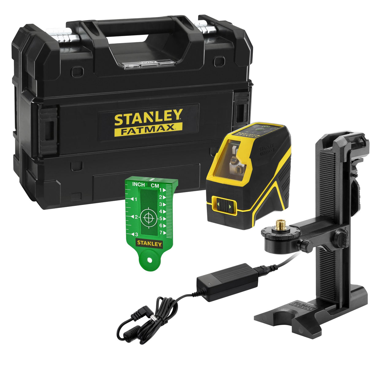 Niveau laser Stanley Fatmax jaune et noir avec accessoires et coffret de transport.