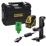Niveau laser Stanley Fatmax jaune et noir avec accessoires et coffret de transport.