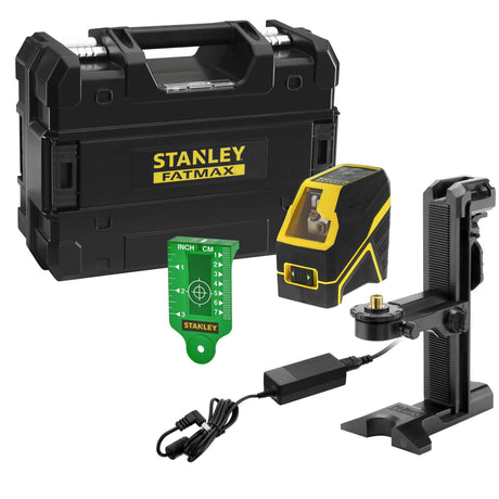 Niveau laser Stanley Fatmax jaune et noir avec accessoires et coffret de transport.