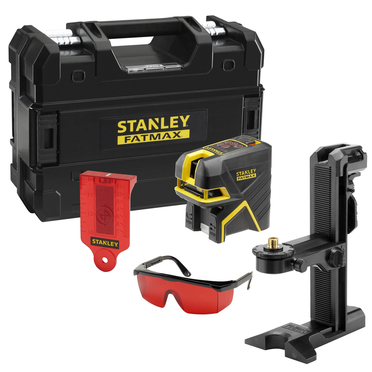 Niveau laser Stanley FatMax noir et jaune avec accessoires et coffret de rangement.