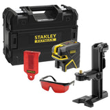 Niveau laser Stanley FatMax noir et jaune avec accessoires et coffret de rangement.
