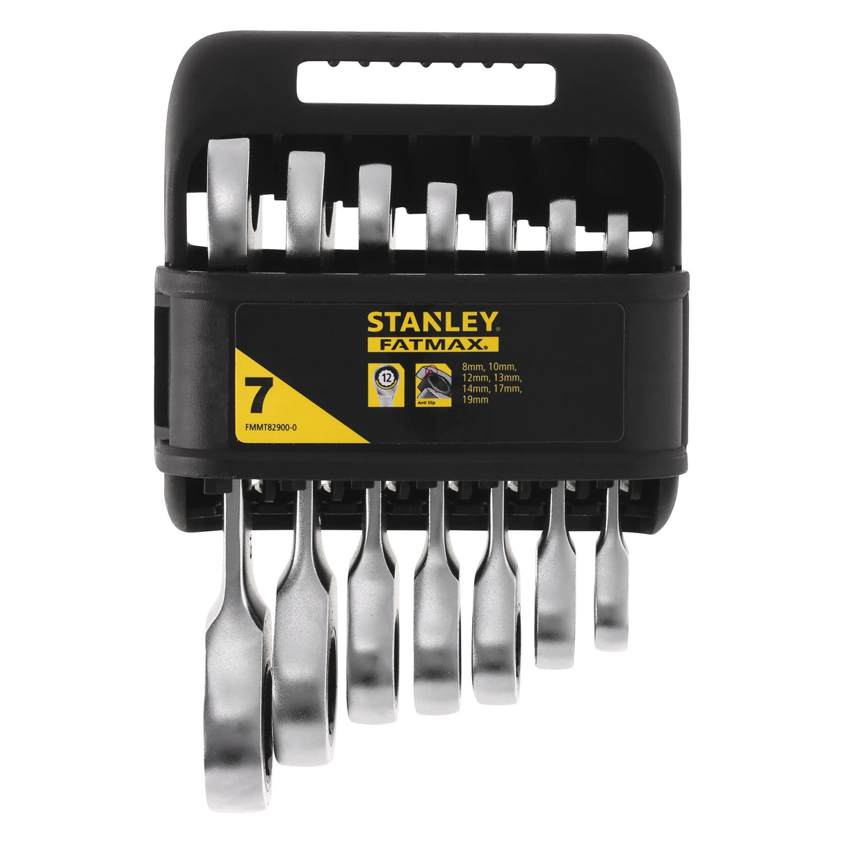 Jeu de clés mixtes Stanley Fatmax, argentés, 7 pièces dans un support noir.