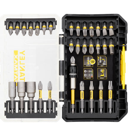 Coffret d'embouts de vissage Stanley, outillage, couleur noire et jaune.