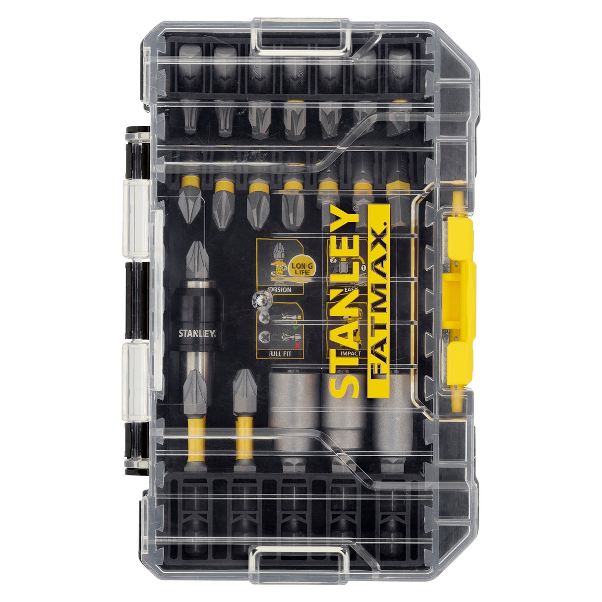 Coffret embouts de vissage Stanley Fatmax, outillage, couleur noir et jaune.