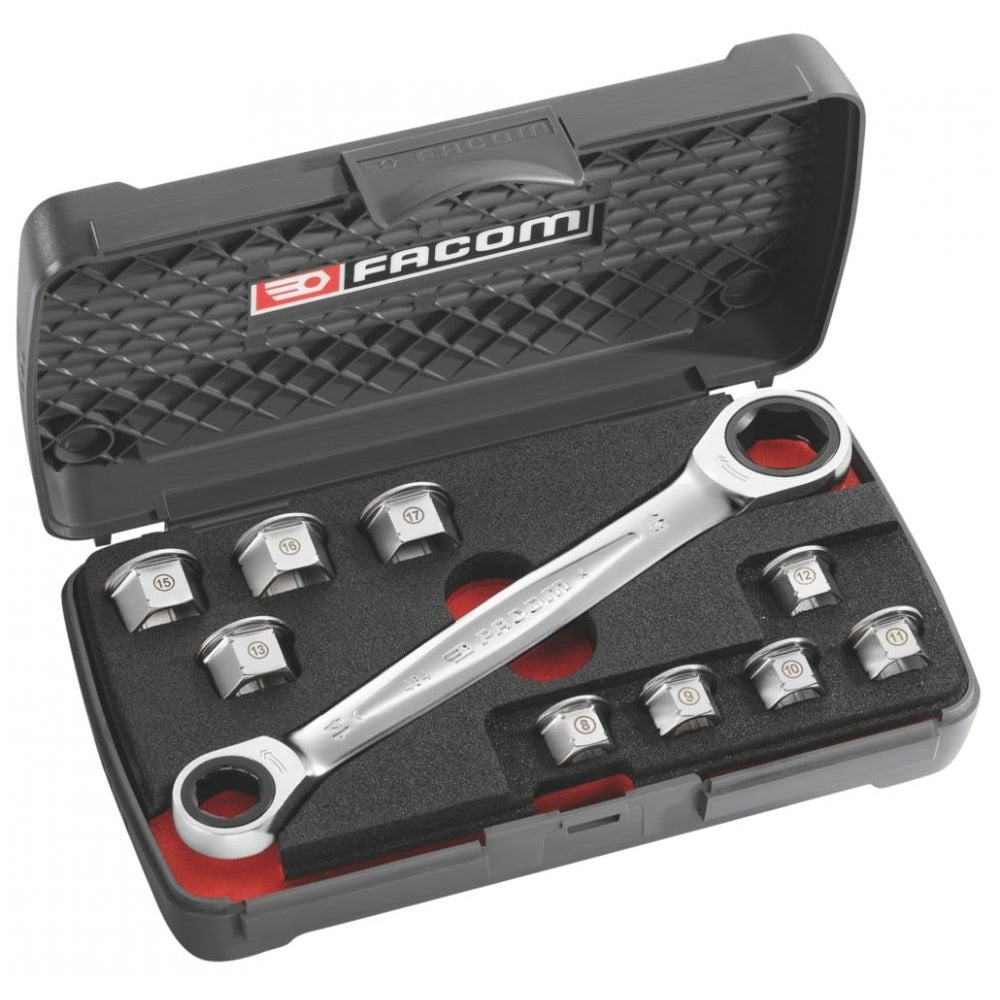 Coffret clé à cliquet Facom argent avec douilles métalliques, couleur grise.