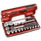 Coffret à douilles Facom, outillage main, couleur rouge et noir, avec cliquet et douilles.
