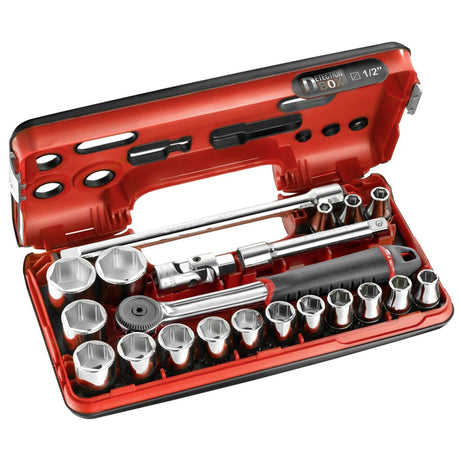 Coffret à douilles Facom, outillage main, couleur rouge et noir, avec cliquet et douilles.