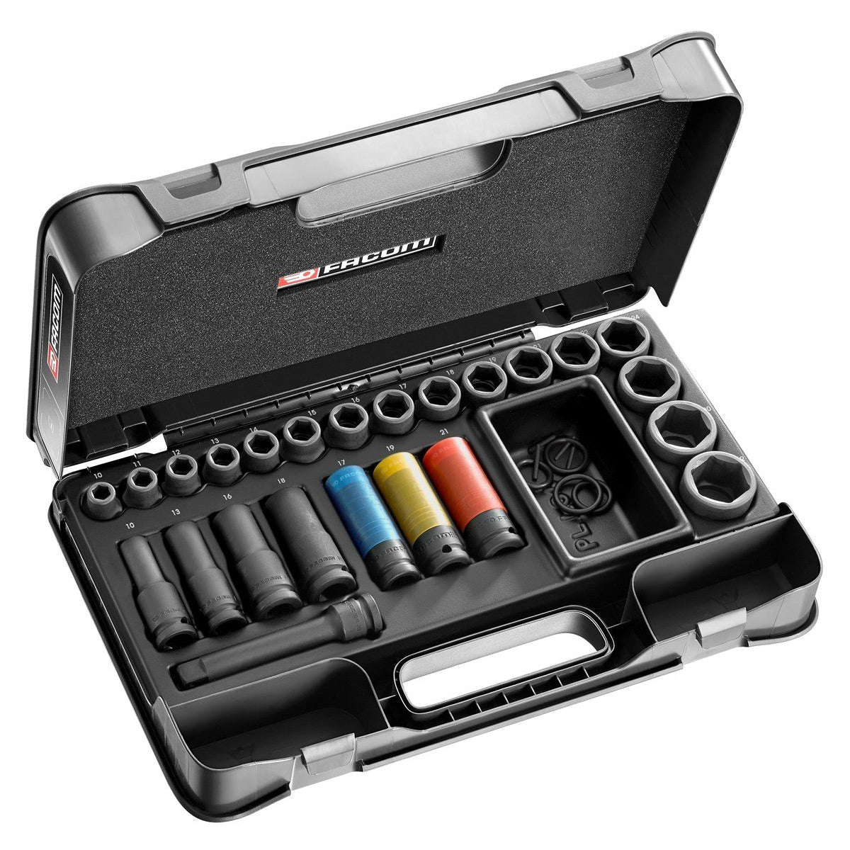 Coffret douilles Facom, outillage noir avec douilles colorées, marque Facom, couleur noire.
