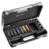 Coffret douilles Facom, outillage noir avec douilles colorées, marque Facom, couleur noire.