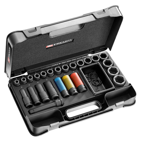 Coffret douilles Facom, outillage noir avec douilles colorées, marque Facom, couleur noire.