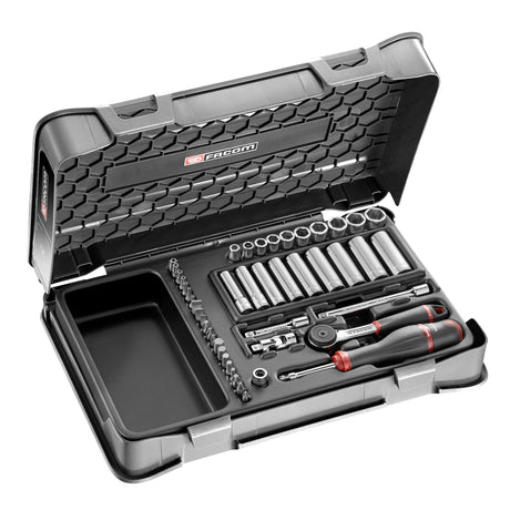 Coffret à outils Facom, set de douilles et tournevis, couleur noir et métal argenté.