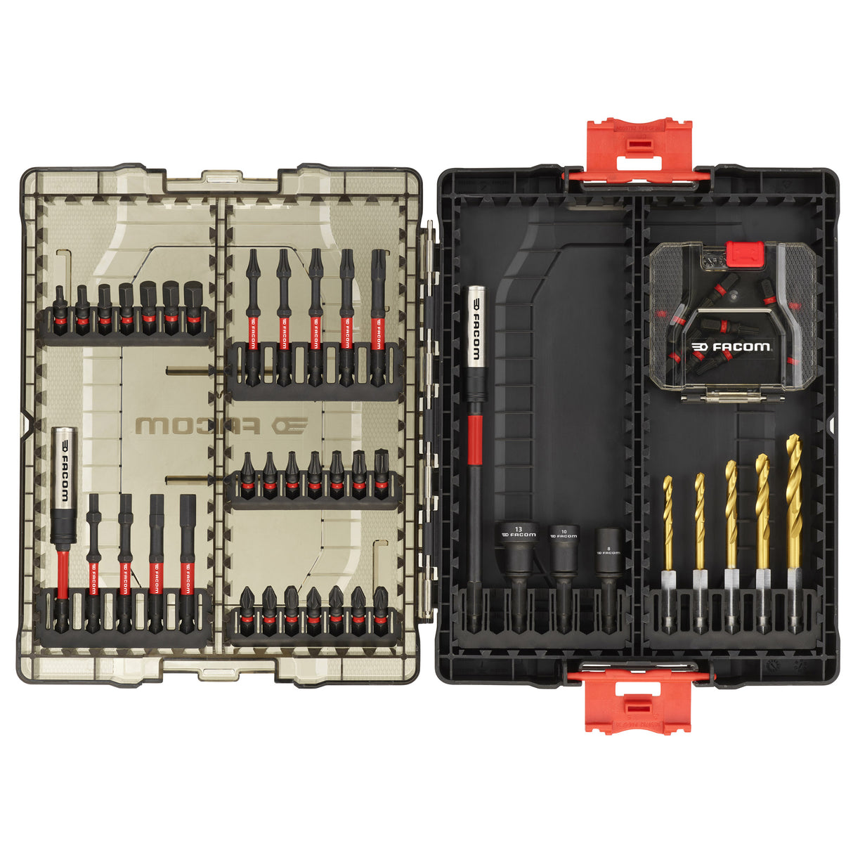 Coffret d’embouts et forets Facom, noir et rouge, pour perçage et vissage.