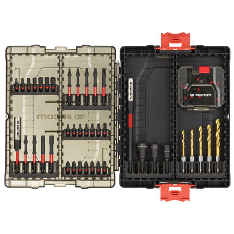 Coffret d’embouts et forets Facom, noir et rouge, pour perçage et vissage.