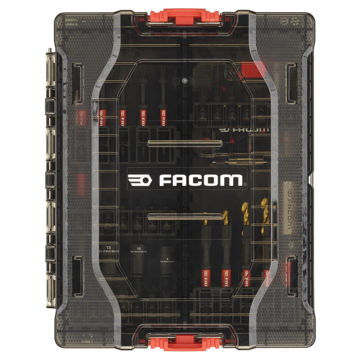 Coffret d'embouts Facom, outillage noir et rouge, boîte transparente.