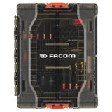 Coffret d'embouts Facom, outillage noir et rouge, boîte transparente.