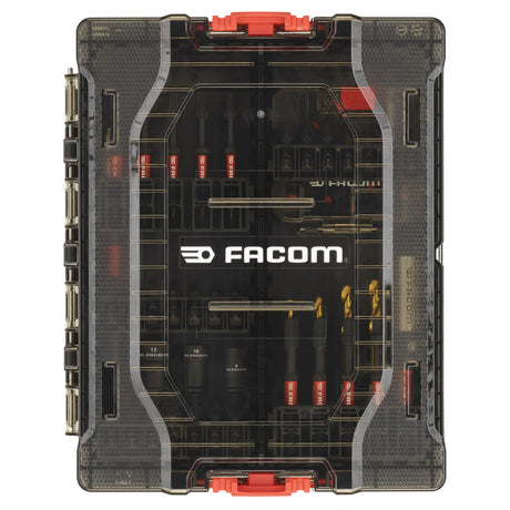 Coffret d'embouts Facom, outillage noir et rouge, boîte transparente.