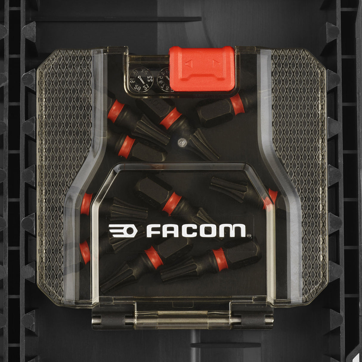 Coffret embouts de vissage Facom, noir et rouge, vue de dessus.