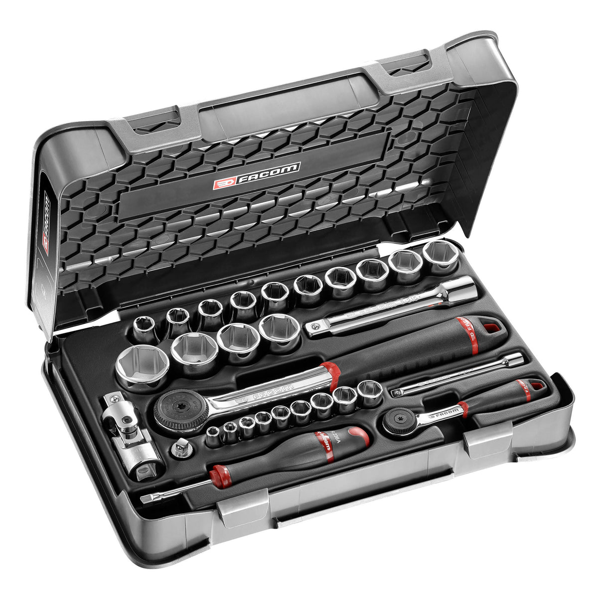 Coffret de douilles Facom, outil de mécanique, couleur noire et rouge.