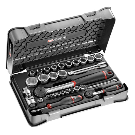 Coffret de douilles Facom, outil de mécanique, couleur noire et rouge.