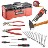 Coffret à outils Facom rouge, comprenant marteau, tournevis, clés plates et pinces.