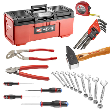 Coffret à outils Facom rouge, comprenant marteau, tournevis, clés plates et pinces.