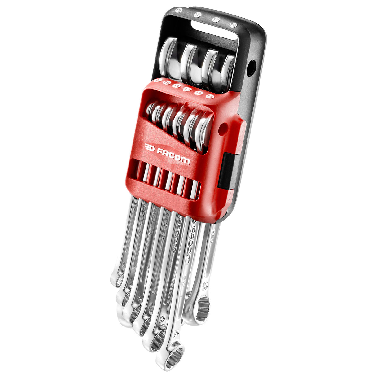 Coffret de clés mixtes Facom chromé argent et rouge, set d'outillage à main.