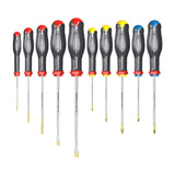Set de tournevis Facom, outils à poignée noire et rouge, embout métal, couleurs rouge, jaune et bleu