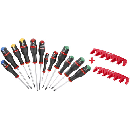 Set de tournevis Facom, type tournevis, manche noir avec embouts de couleur, supports rouges.