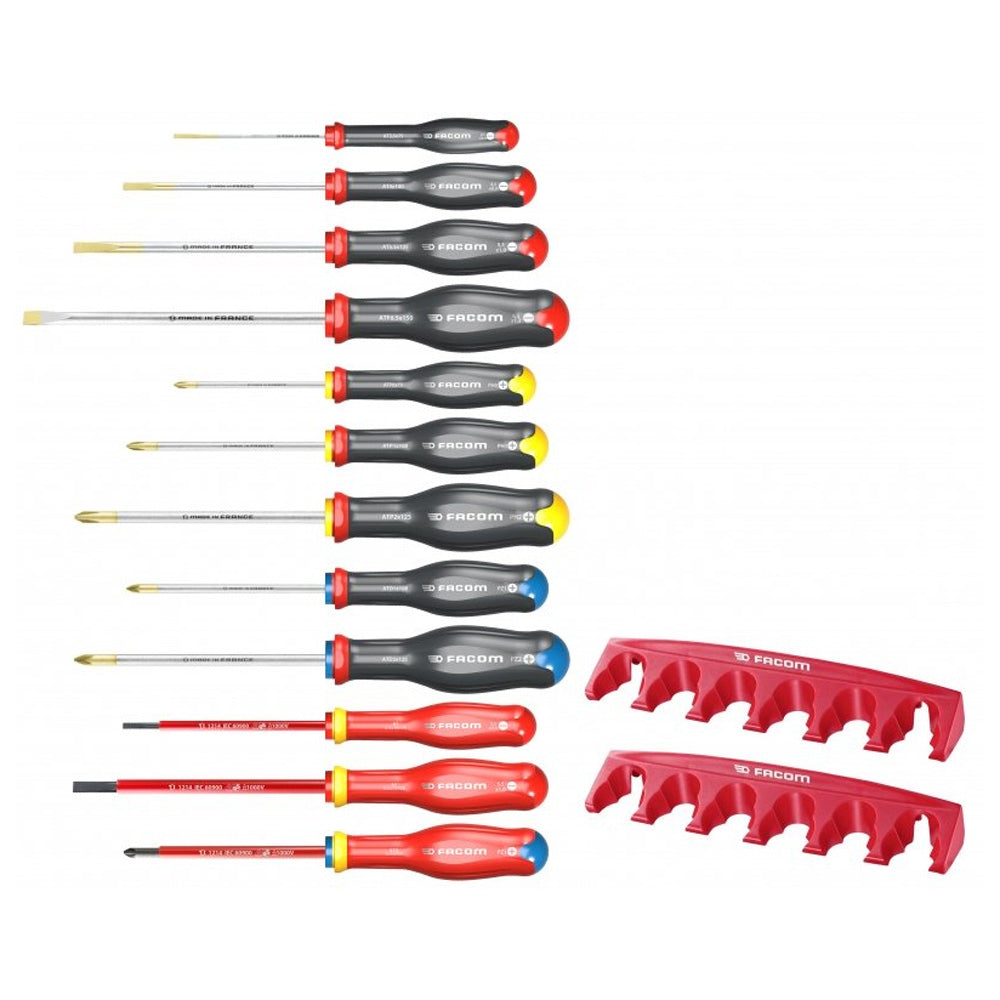 Set de tournevis Facom, outils à manche noir et rouge, avec supports rouges