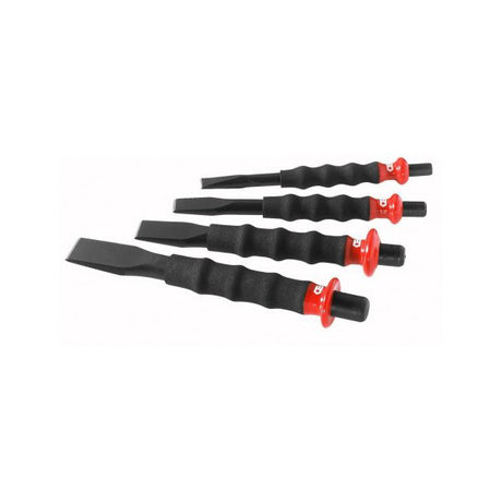 Jeu de burins noirs Facom avec manche ergonomique noir et rouge, outillage main.