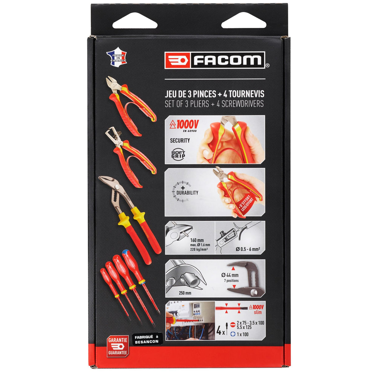 Coffret Facom, jeu de 3 pinces et 4 tournevis, outils isolés rouges et jaunes.