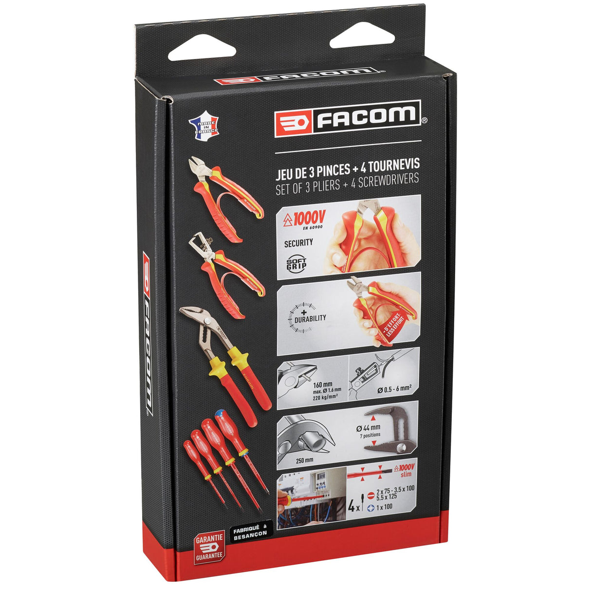 Coffret Facom jeu de pinces et tournevis, outils isolés rouges et jaunes