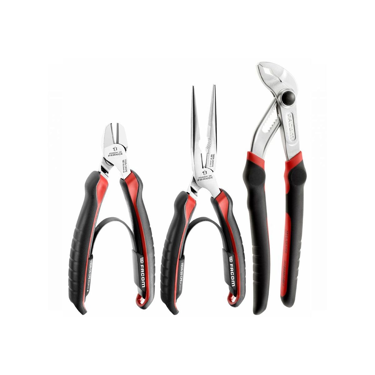 Jeu de pinces Facom, outillage à main, couleur noir et rouge, pour travaux de plomberie.