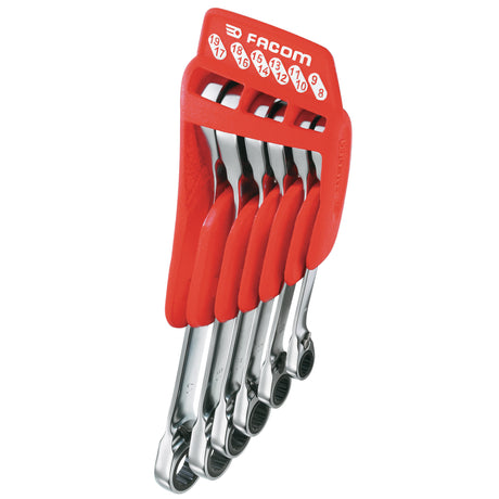 Jeu de clés à cliquet Facom, outillage couleur rouge et argent, assortiment de tailles.