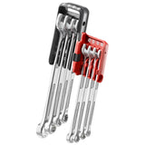 Jeu de clés mixtes chromées Facom, outillage couleur argent avec support rouge et noir.