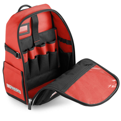 Sac à outils Facom, rouge et noir, avec multiples compartiments ouverts pour rangement