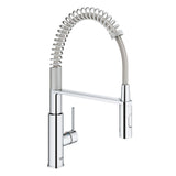 Mitigeur de cuisine Grohe, robinet type douchette, couleur chromée brillante.
