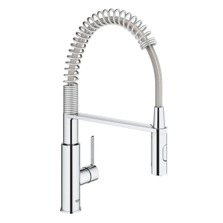 Mitigeur de cuisine Grohe, robinet type douchette, couleur chromée brillante.
