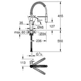 Mitigeur Grohe, robinetterie cuisine inox argent avec schéma technique détaillé.