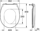 Abattant WC blanc Grohe, schéma technique détaillé avec dimensions.