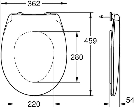 Abattant WC blanc Grohe, schéma technique détaillé avec dimensions.
