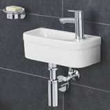 Vasque blanche Grohe, lavabo mural rectangulaire avec robinet chromé, salle de bain