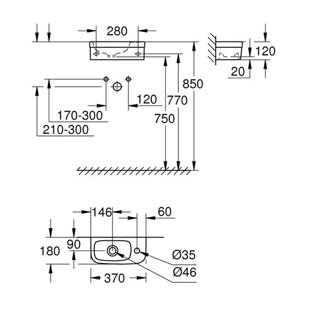 Plan technique Grohe lave-mains mural blanc avec cotes et dimensions détaillées.