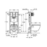 Schéma technique bâti support WC Grohe, structure métal, couleur blanche.