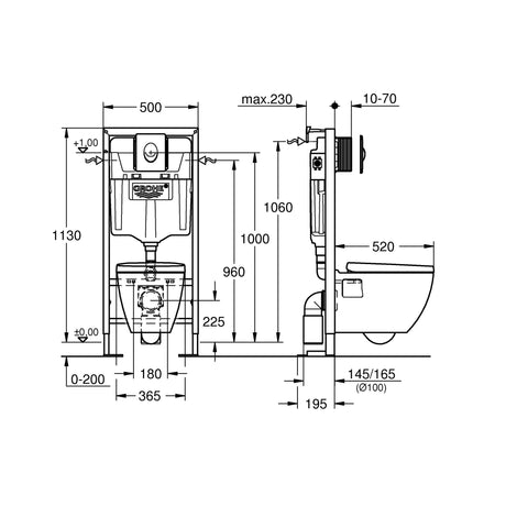 Schéma technique bâti support WC Grohe, structure métal, couleur blanche.